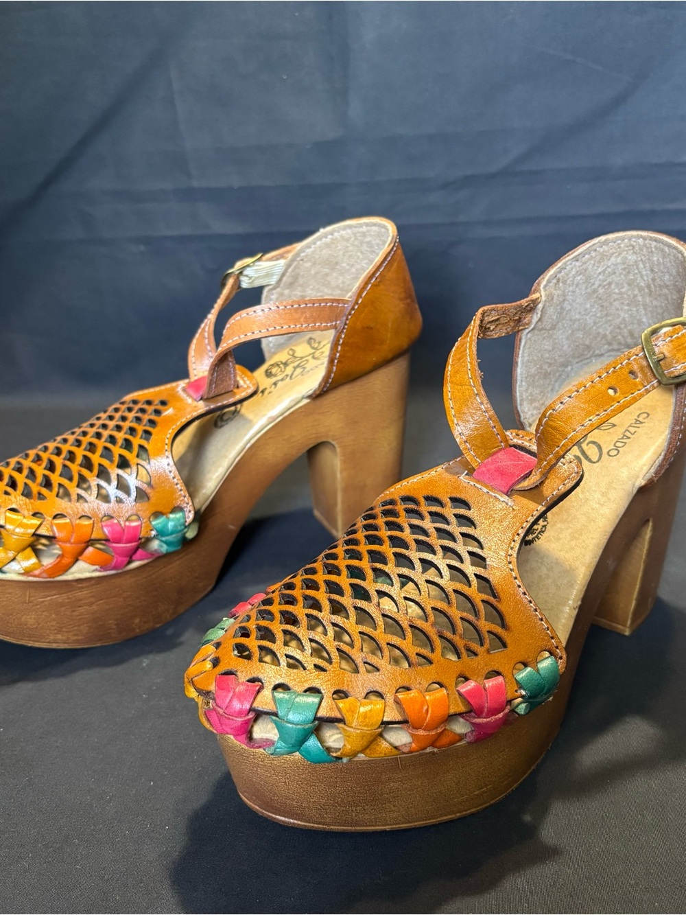 Tan Leather Mexican Woven Platform Heels with Multicolor Accents